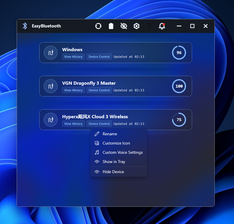 EasyBluetooth main window with the device context menu open