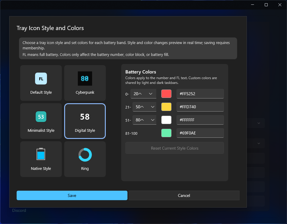EasyBluetooth tray icon styles and battery color settings