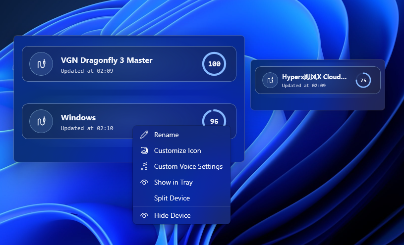 EasyBluetooth desktop widget with its device context menu open
